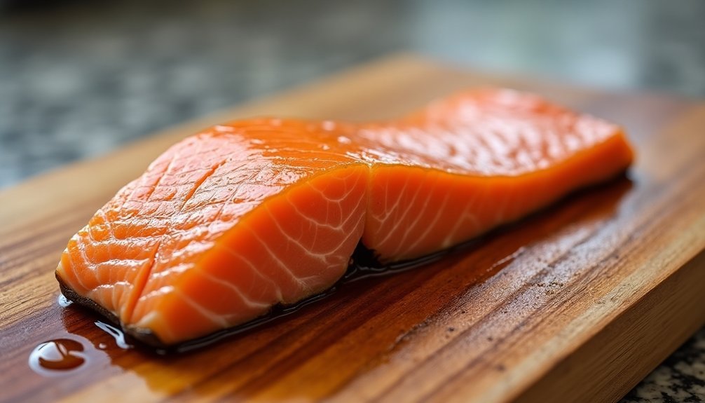 salmon positioned on plank