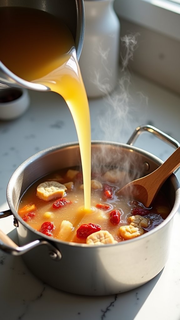 broth added simmering continues