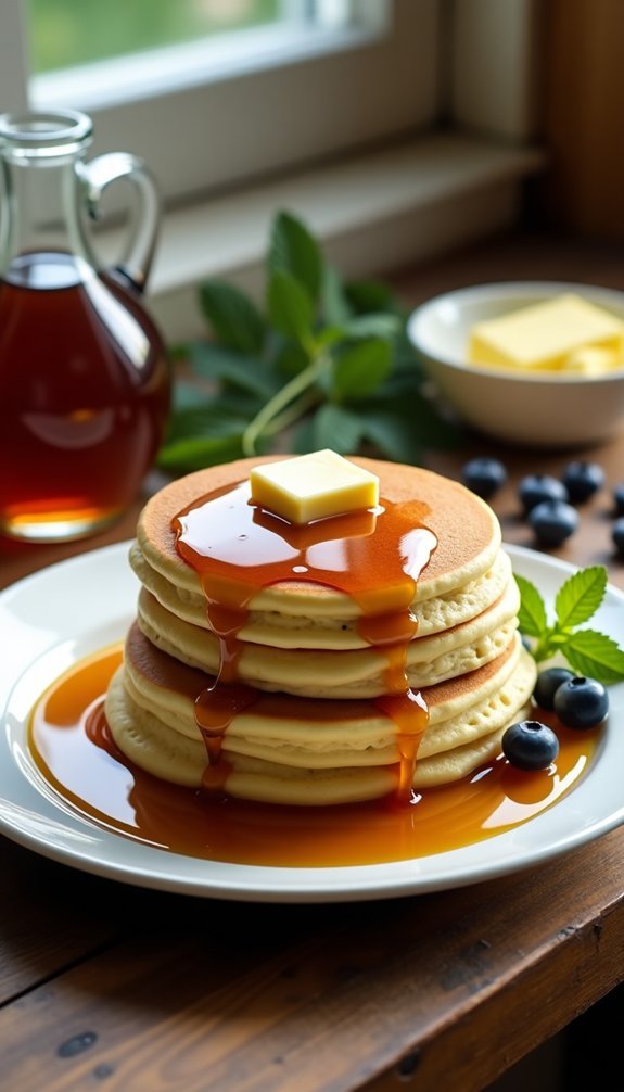 fluffy pancakes topped syrup