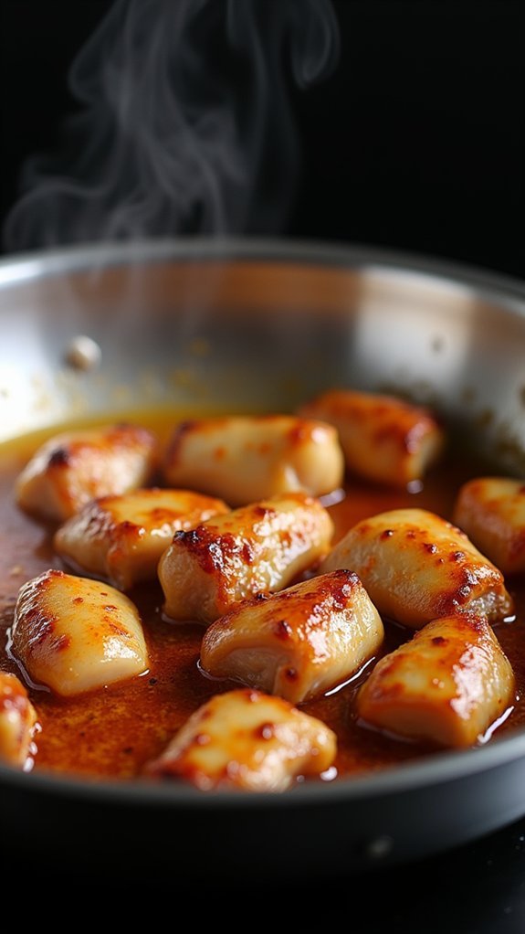 golden brown chicken searing