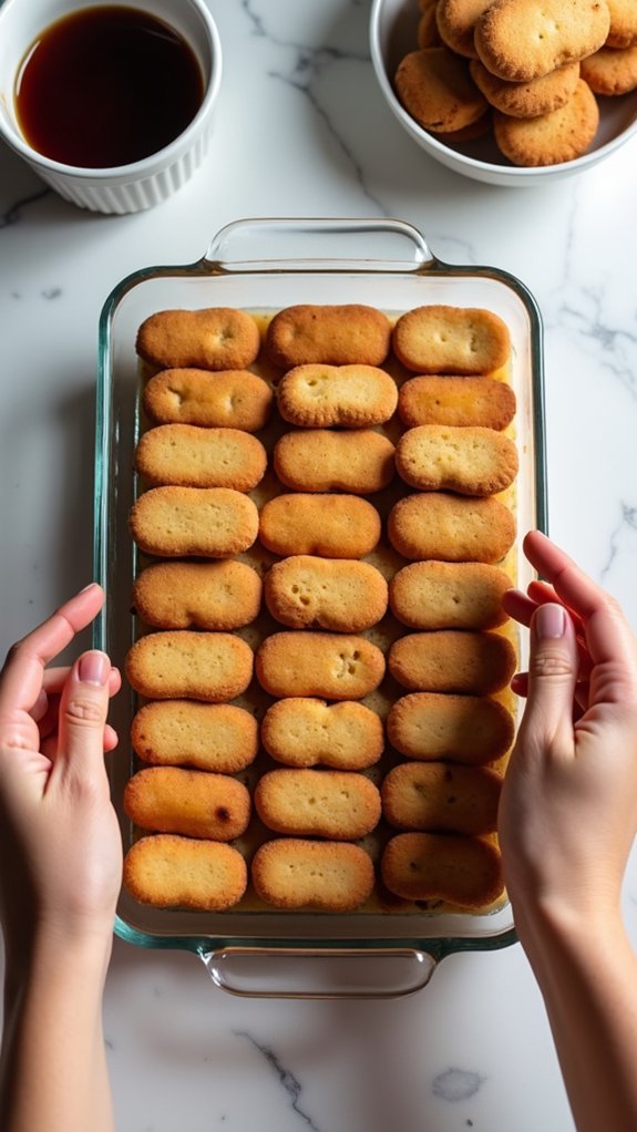 layer soaked ladyfingers carefully