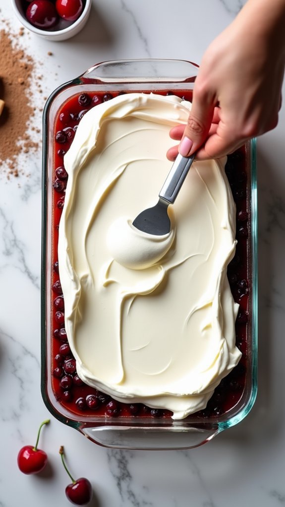 spreading cherry cheese mixture evenly